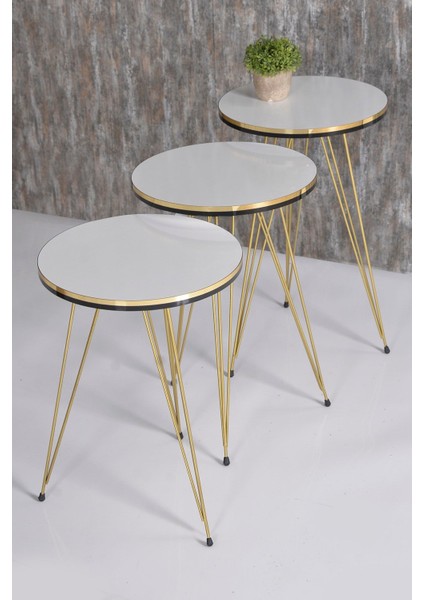 Zigon Sehpa ve Orta Sehpa Elips Set Çift Gold Beyaz Tel modelleri