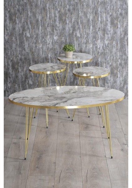 Zigon Sehpa ve Orta Sehpa Elips Gold Metal Ayak Gold Efes Set