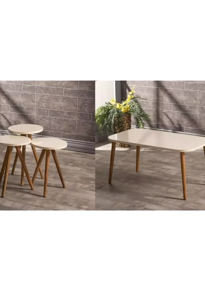 Zigon Sehpa ve Orta Sehpa Set Ahşap Kr Torna Krem