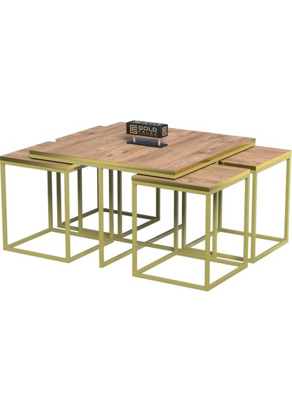 Orta Sehpa ve Zigon Sehpa 5'li Lüx Set Altın Ceviz