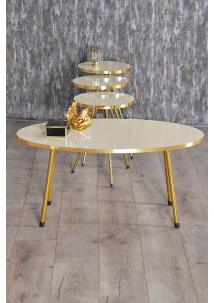 Zigon Sehpa ve Orta Sehpa Elips Gold Metal Ayak Gold Krem Set