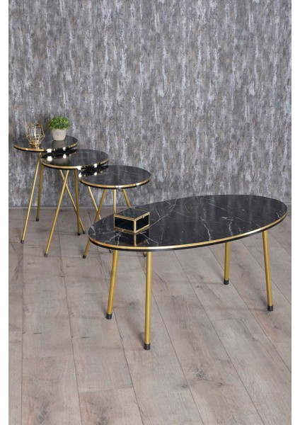 Zigon Sehpa ve Orta Sehpa Elips Set Çift Gold Bendir Metal