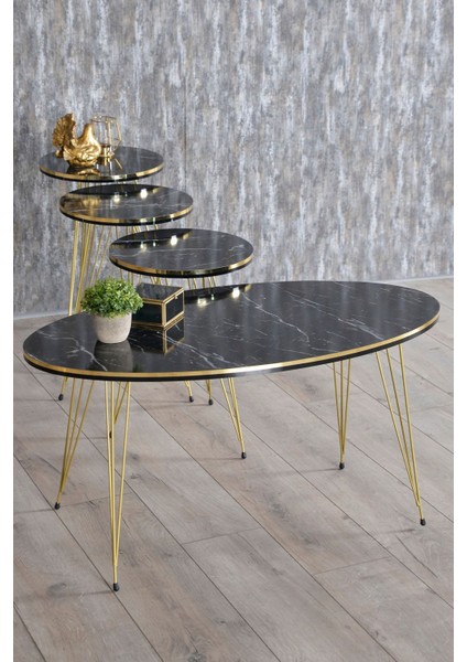 Zigon Sehpa ve Orta Sehpa Elips Set Tel Ayak Çift Gold Bendir