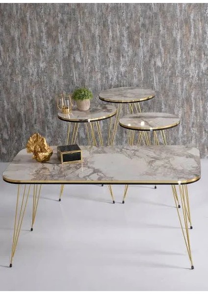 Zigon Sehpa ve Orta Sehpa Kr Set Çift Gold Efes Tel