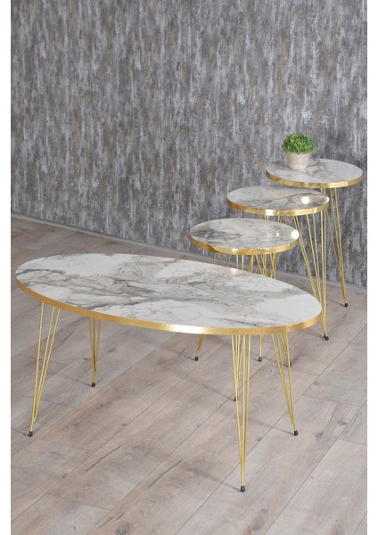 Zigon Sehpa ve Orta Sehpa Elips Set Gold Efes Tel