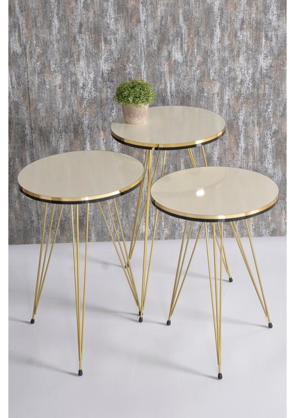 Zigon Sehpa ve Orta Sehpa Elips Set Çift Gold Krem Tel Ayak fırsatları