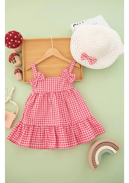 Kız Çocuk Kareli Şapkalı Askılı Fuşya Premıum Elbise