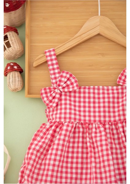 Kız Çocuk Kareli Şapkalı Askılı Fuşya Premıum Elbise modelleri