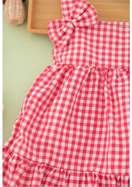 Kız Çocuk Kareli Şapkalı Askılı Fuşya Premıum Elbise fırsatları