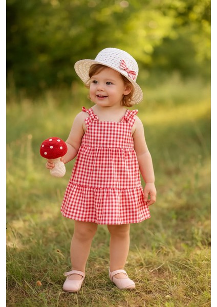 Kız Çocuk Kareli Şapkalı Askılı Fuşya Premıum Elbise indirimleri