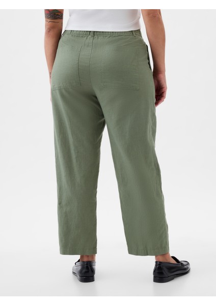 Kadın Haki High Rise Keten Karışımlı Pull-On Pantolon