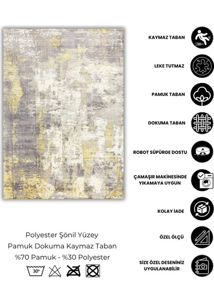 Gri Sarı Modern Soyut Desenli Halı Dijital Baskılı Dokuma Kaymaz Tabanlı Yıkanabilir Antialerjik Salon Halısı