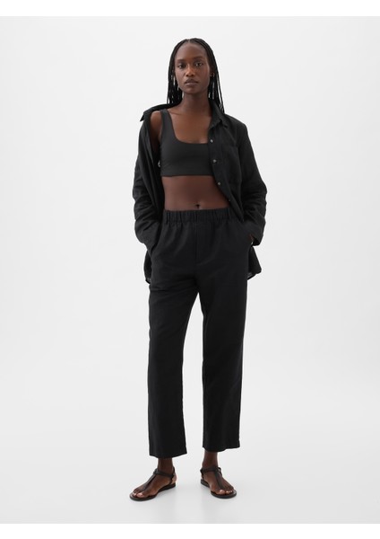 Kadın Siyah High Rise Keten Karışımlı Pull-On Pantolon