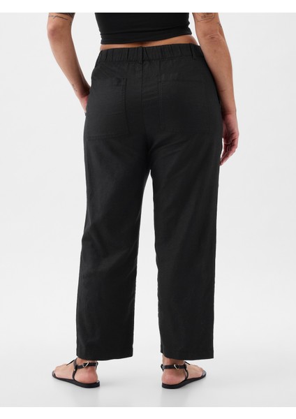 Kadın Siyah High Rise Keten Karışımlı Pull-On Pantolon fırsatları