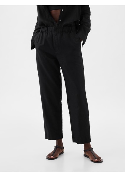 Kadın Siyah High Rise Keten Karışımlı Pull-On Pantolon
