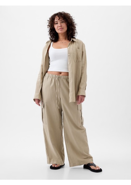 Kadın Bej Keten Karışımlı Pull-On Kargo Pantolon indirimleri
