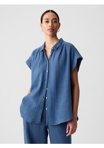 Kadın Mavi Crinkle Gauze Denim Gömlek