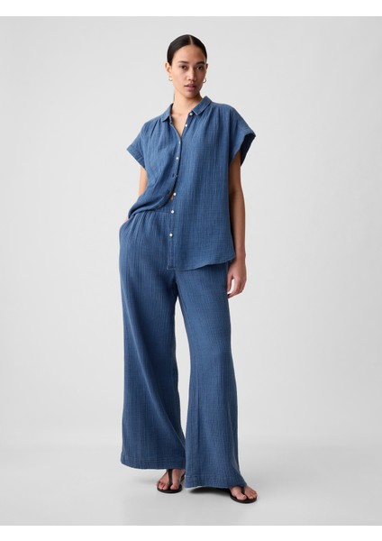 Kadın Mavi Crinkle Gauze Denim Gömlek fiyatları