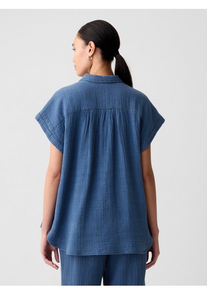 Kadın Mavi Crinkle Gauze Denim Gömlek modelleri