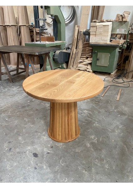 Silindir-Konik Ayaklı %100 Doğal Ahşap Yuvarlak Masa, 90 Cm,yemek-Mutfak Masası