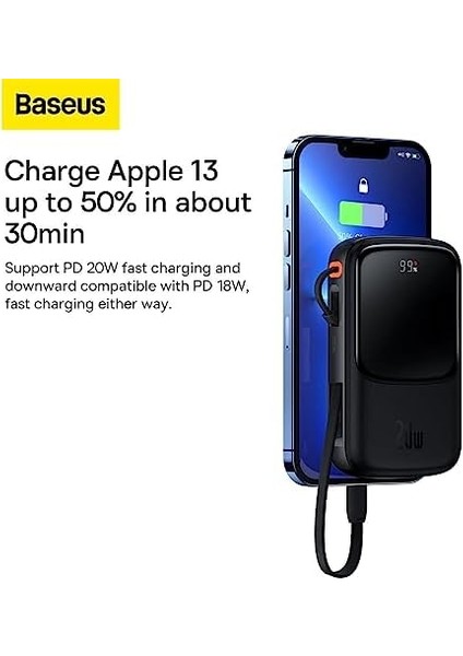 Q Pow Pro Overseas Edition 10.000 Mah LCD Display 20W Powerbank (Lightning Kablolu), Siyah
