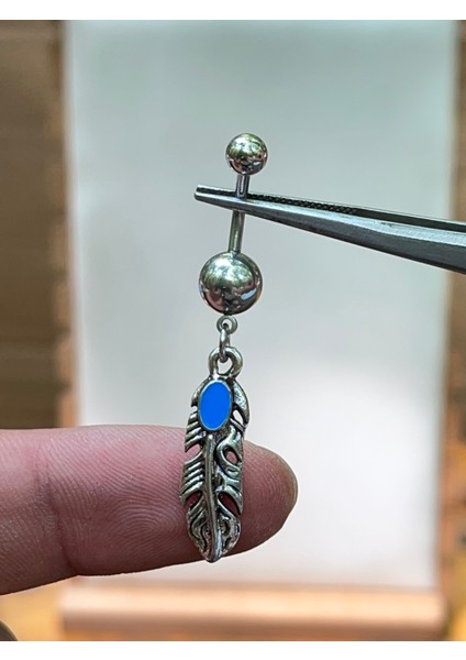 316 L Cerrahi Çelik Mavi Taşlı Yaprak Modeli Göbek Piercingi