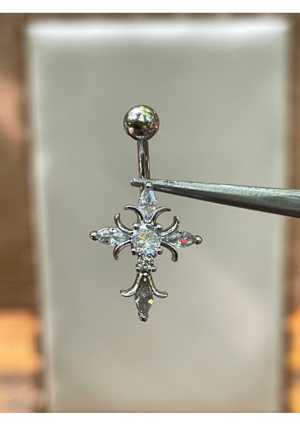 316 L Cerrahi Çelik Haç Modeli Zirkon Taşlı Göbek Piercingi