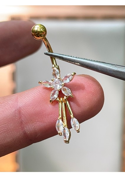 316 L Cerrahi Çelik Markiz Kesim Pırlanta Modeli Sallantılı Göbek Piercingi