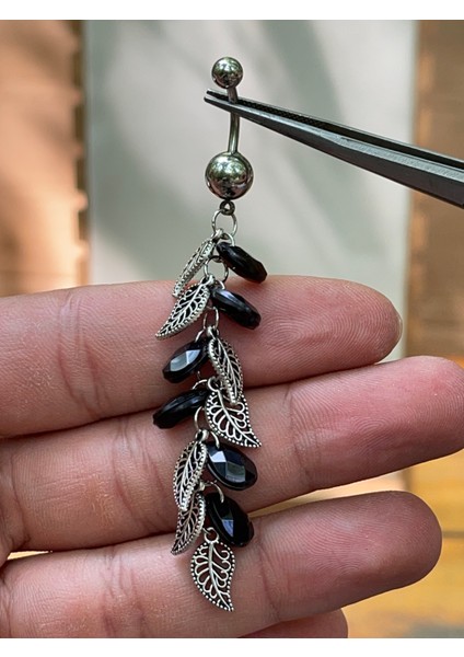 316 L Cerrahi Çelik Işlemeli Taşlı Yaprak Sallantılı Göbek Piercingi