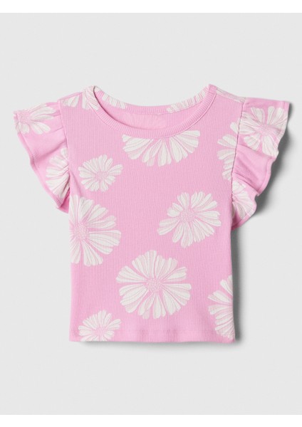 Kız Bebek Pembe Fırfır Kollu Desenli T-Shirt