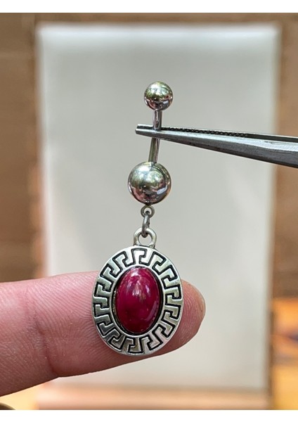 316 L Cerrahi Çelik Etnik Model Bordo Taşlı Göbek Piercingi