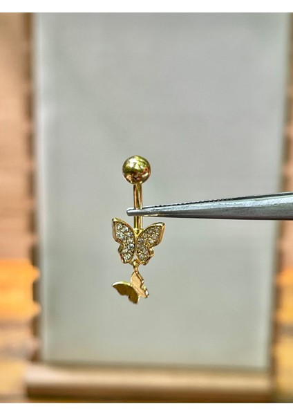 316 L Cerrahi Çelik Kelebek Modeli Sallantılı Zirkon Taşlı Göbek Piercingi