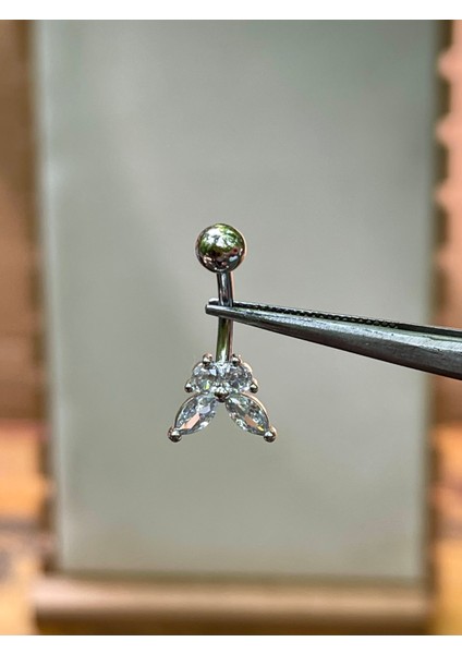 316 L Cerrahi Çelik Kelebek Modeli Parlak Zirkon Taşlı Göbek Piercingi