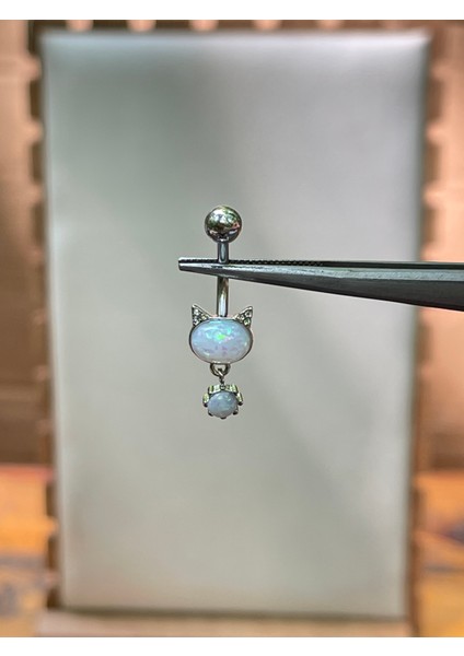 316 L Cerrahi Çelik Kedi Modeli Opal Taşlı Zirkon Taş Detaylı Sallantılı Göbek Piercingi