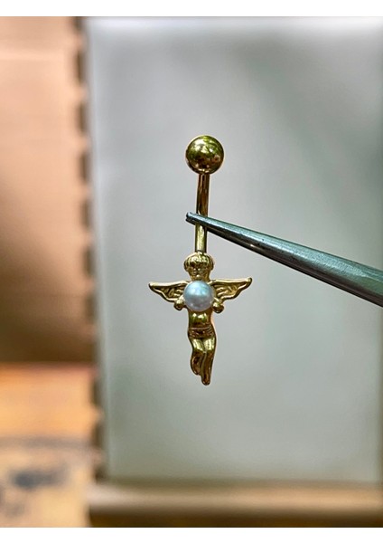 316 L Cerrahi Çelik Incili Melek Modeli Gold Göbek Piercingi