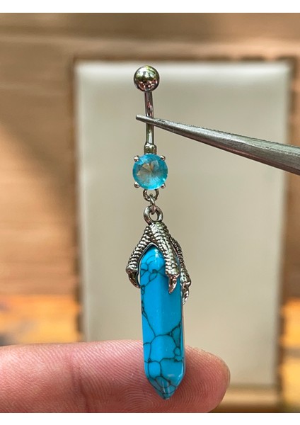 316 L Cerrahi Çelik Turkuaz Zirkon ve Doğal Taşlı Pençe Modeli Göbek Piercingi