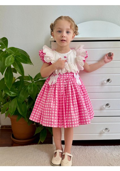 Defne Pembe Kareli Vintage Kız Bebek Elbise,doğum Günü Elbise,fotoğraf Çekim Elbise,0-7 Yaş Uygun