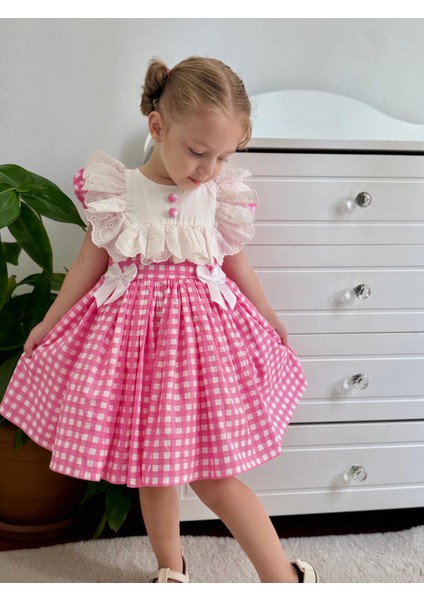 Defne Pembe Kareli Vintage Kız Bebek Elbise,doğum Günü Elbise,fotoğraf Çekim Elbise,0-7 Yaş Uygun fiyatları