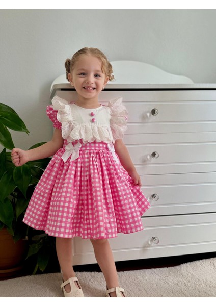 Defne Pembe Kareli Vintage Kız Bebek Elbise,doğum Günü Elbise,fotoğraf Çekim Elbise,0-7 Yaş Uygun modelleri
