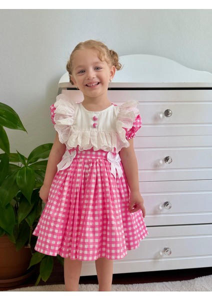 Defne Pembe Kareli Vintage Kız Bebek Elbise,doğum Günü Elbise,fotoğraf Çekim Elbise,0-7 Yaş Uygun fırsatları