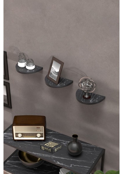 Duvar Rafı Dekoratif 3 Adet Çiçeklik Oval Siyah Mermer Desen