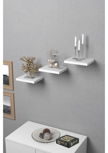 Duvar Rafı Dekoratif 3 Adet Çiçeklik Kare Beyaz