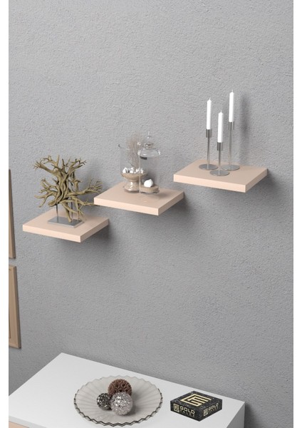 Duvar Rafı Dekoratif 3 Adet Çiçeklik Kare Krem