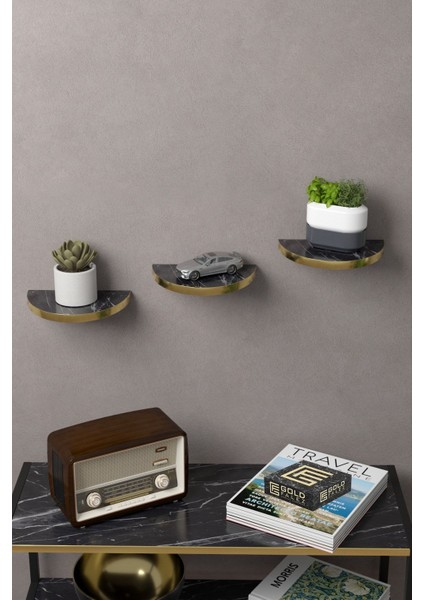 Duvar Rafı Dekoratif 3 Adet Çiçeklik Oval Altın Bendir