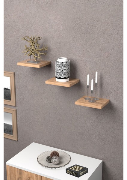 Duvar Rafı Dekoratif 3 Adet Çiçeklik Kare Ceviz