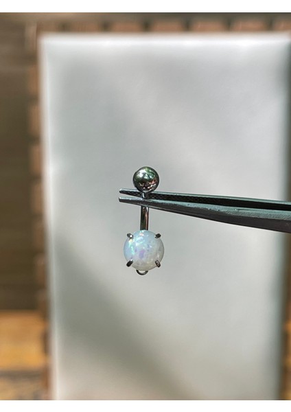 316 L Cerrahi Çelik Opal Taşlı Gümüş Renginde Göbek Piercingi