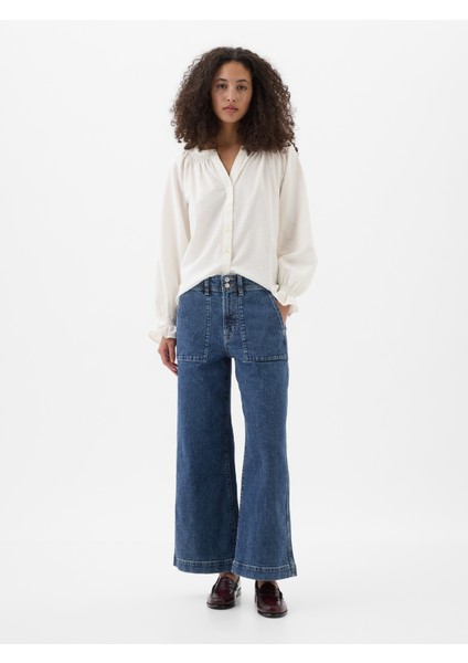 Kadın Koyu Mavi High Rise Wide-Leg Crop Jean Pantolon