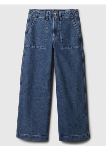 Kadın Koyu Mavi High Rise Wide-Leg Crop Jean Pantolon