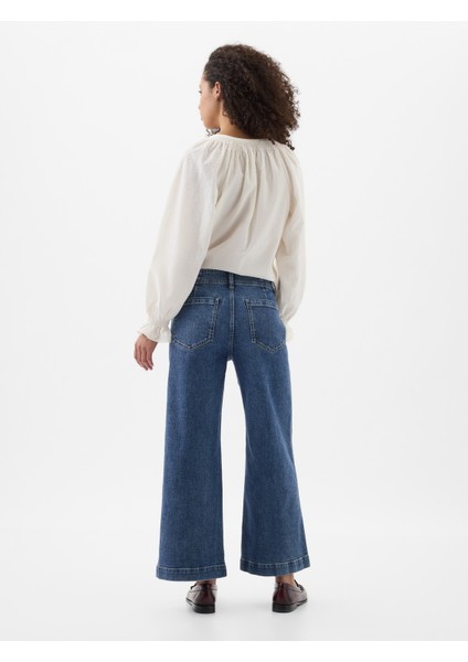 Kadın Koyu Mavi High Rise Wide-Leg Crop Jean Pantolon fırsatları