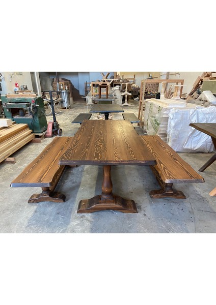 Masif Doğal Ahşap Aslan Ayaklı Kütük Masa (190X90CM) ve Bench (2 Adet 160X43 Cm)